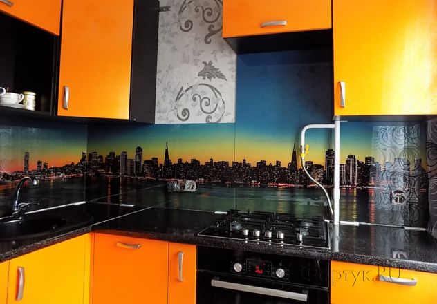 Фартук стекло фото: вечерняя панорама моста, сан-франциско, заказ #УТ-427, Оранжевая кухня.