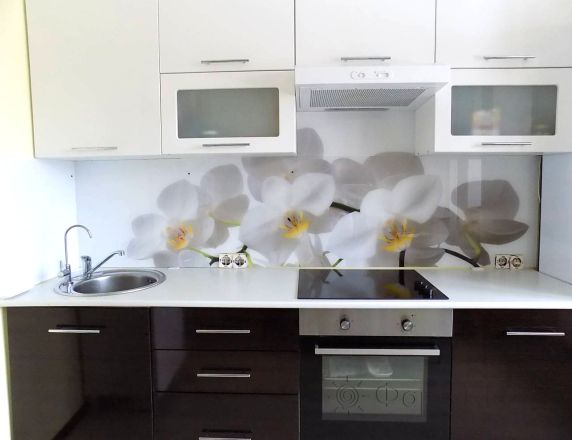 Фартук с фотопечатью фото: ветка белой орхидеи, заказ #УТ-367, Коричневая кухня.
