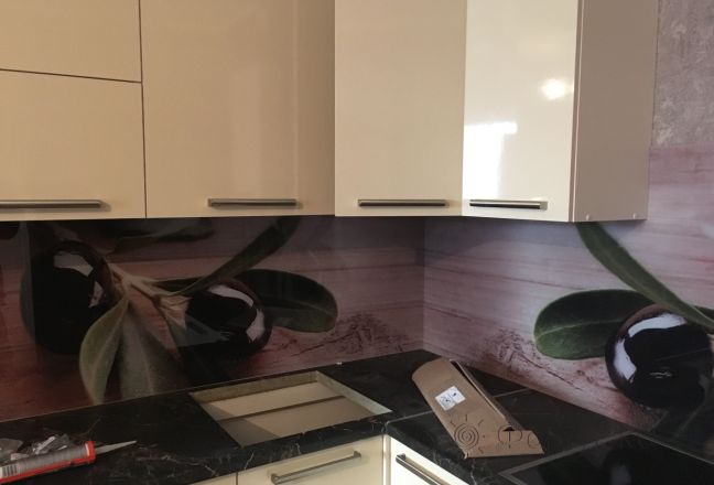 Фартук для кухни фото: ветка оливы на древесном фоне, заказ #КРУТ-473, Белая кухня. Изображение 111836