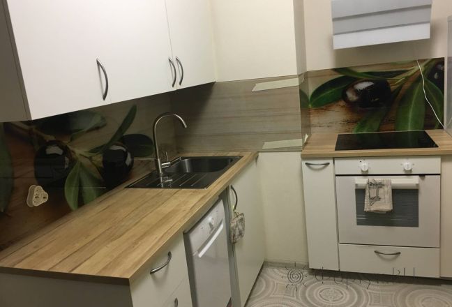 Фартук для кухни фото: ветка оливы на древесном фоне, заказ #КРУТ-2585, Белая кухня. Изображение 111836