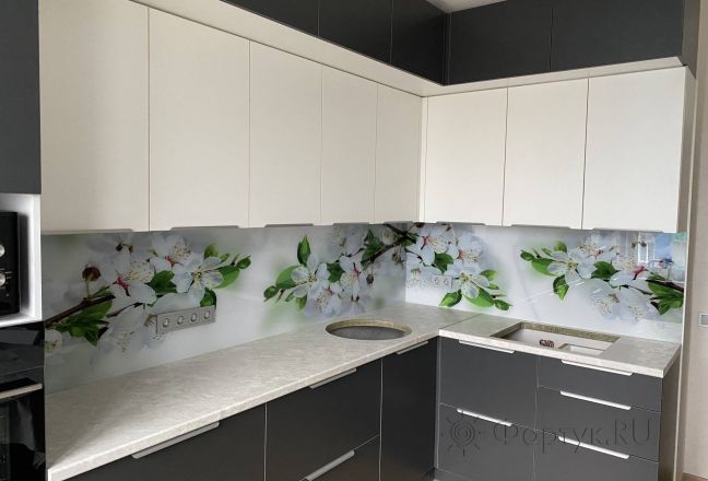 Стеновая панель фото: ветка с цветами, заказ #КРУТ-2956, Серая кухня. Изображение 189070