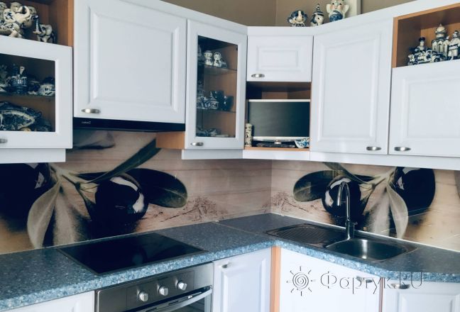 Фартук для кухни фото: ветки маслины, заказ #КРУТ-1545, Белая кухня.