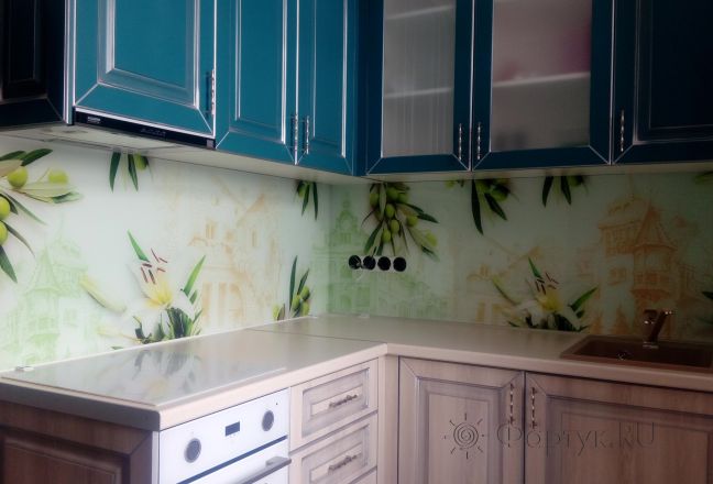 Стеклянная фото панель: ветки оливы, заказ #ИНУТ-974, Синяя кухня. Изображение 208532