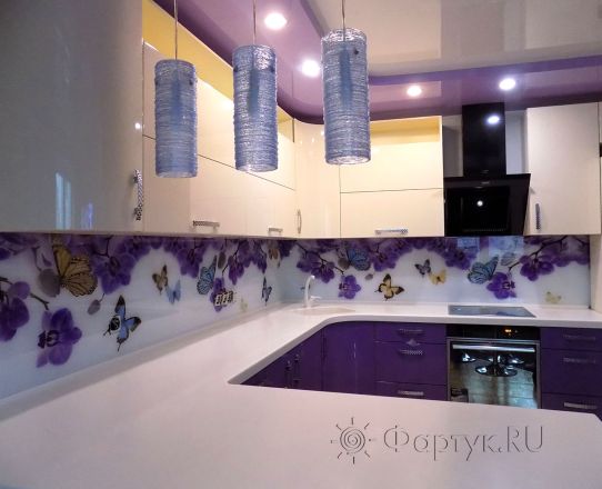 Фартук фото: ветки орхидеи и бабочки, заказ #УТ-527, Фиолетовая кухня.