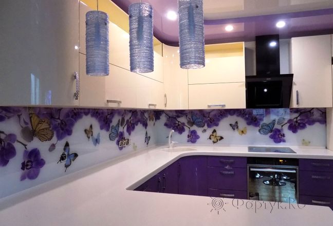 Фартук фото: ветки орхидеи и бабочки, заказ #УТ-527, Фиолетовая кухня.