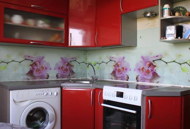 Скинали фото: ветки орхидеи с каплями росы., заказ #УТ-022, Красная кухня. Изображение 111312