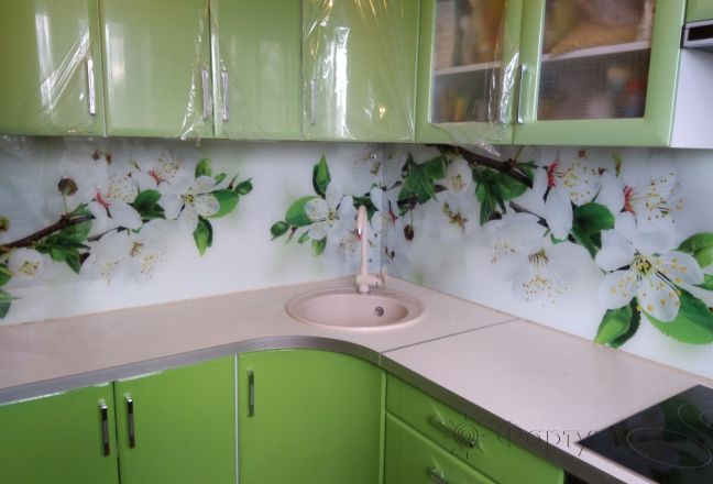 Скинали для кухни фото: ветки с цветами, заказ #ГМУТ-495, Зеленая кухня. Изображение 183774