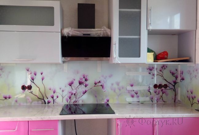 Фартук фото: ветки цветущей магнолии, заказ #ГМУТ-607, Фиолетовая кухня. Изображение 112686