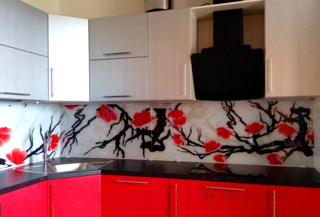 Скинали фото: ветви цветущего дерева., заказ #ГМУТ-67, Красная кухня.