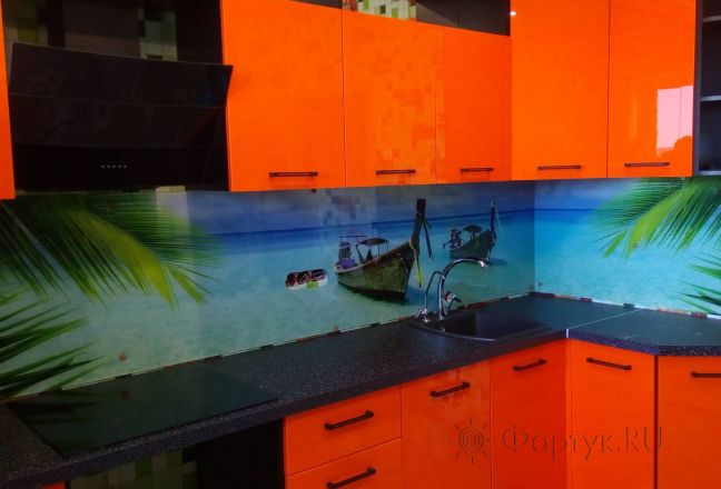 Фартук стекло фото: вид на море, заказ #ИНУТ-3536, Оранжевая кухня. Изображение 82970