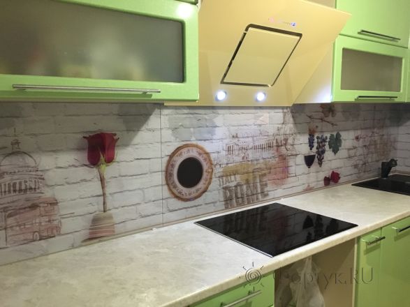 Скинали для кухни фото: вино и виноградная лоза на фоне кирпичной кладки, заказ #КРУТ-314, Зеленая кухня.