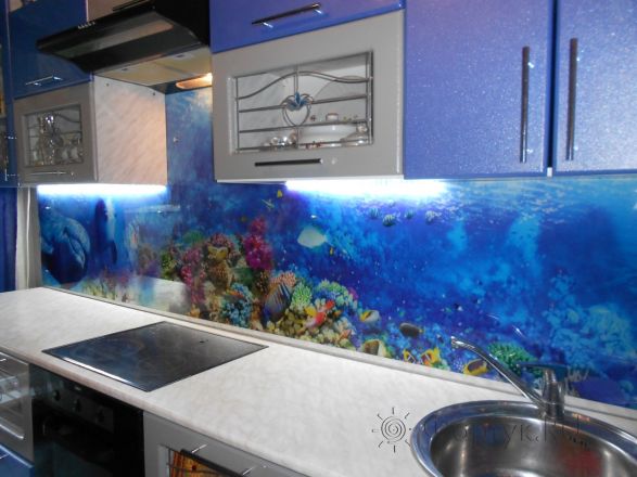 Стеклянная фото панель: водный мир, заказ #УТ-2234, Синяя кухня.