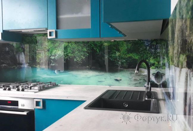 Стеклянная фото панель: водопады, заказ #ИНУТ-2033, Синяя кухня.