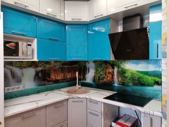 Стеклянная фото панель: водопады и река, заказ #ИНУТ-10222, Синяя кухня.