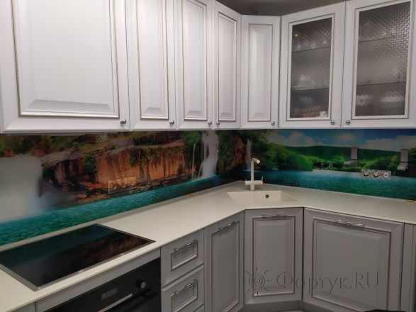 Фартук для кухни фото: водопады и река, заказ #ИНУТ-10220, Белая кухня.