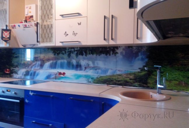 Стеклянная фото панель: водопады в зелени, заказ #ИНУТ-854, Синяя кухня. Изображение 186910