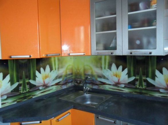 Фартук стекло фото: водяные лилии., заказ #S-1188, Оранжевая кухня.