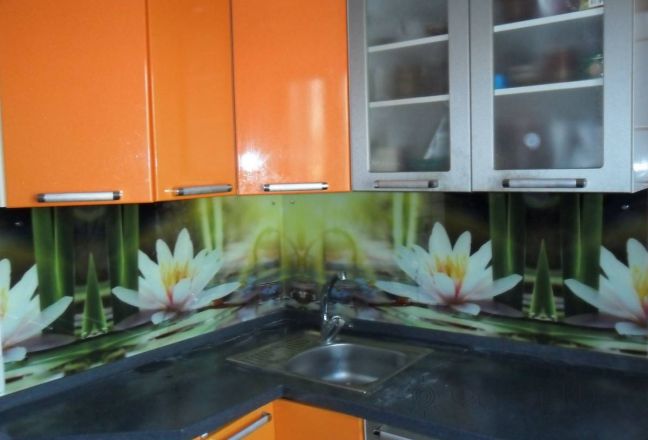 Фартук стекло фото: водяные лилии., заказ #S-1188, Оранжевая кухня. Изображение 111902