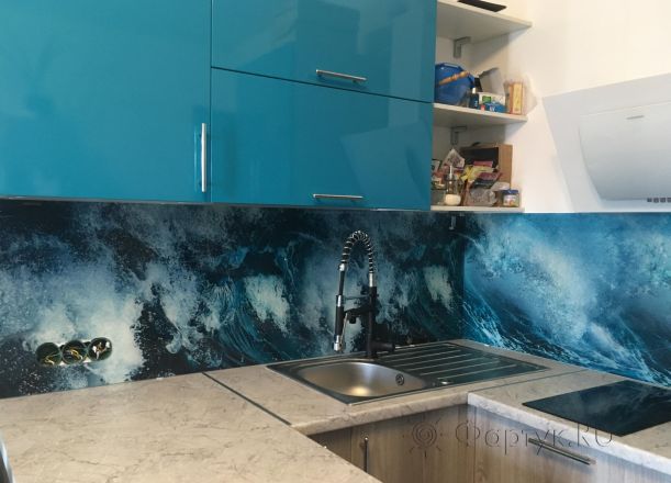 Стеклянная фото панель: волна, заказ #КРУТ-823, Синяя кухня.