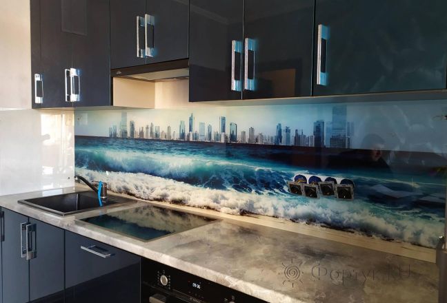 Стеклянная фото панель: волны, заказ #ИНУТ-4218, Синяя кухня.