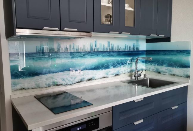 Стеклянная фото панель: волны морские на песчаном берегу моря, заказ #ИНУТ-11903, Синяя кухня. Изображение 244974