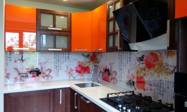 Фартук стекло фото: японские мотивы, заказ #ГМУТ-214, Оранжевая кухня.