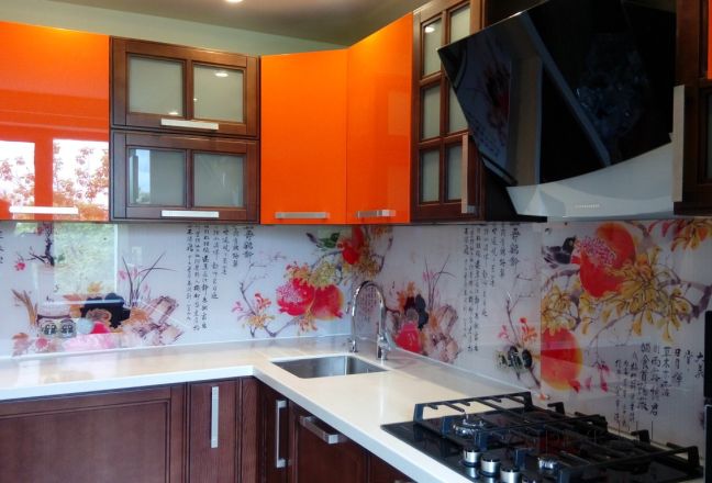 Фартук стекло фото: японские мотивы, заказ #ГМУТ-214, Оранжевая кухня. Изображение 186490