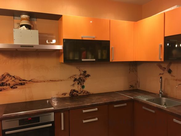 Фартук стекло фото: японские журавли, заказ #КРУТ-395, Оранжевая кухня.
