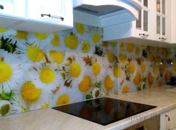Фартук для кухни фото: яркие ромашки., заказ #SK-111, Белая кухня.