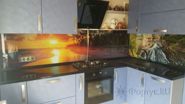 Стеклянная фото панель: закат, заказ #УТ-693, Синяя кухня.