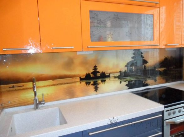 Фартук стекло фото: закат над морем., заказ #S-1223, Оранжевая кухня.