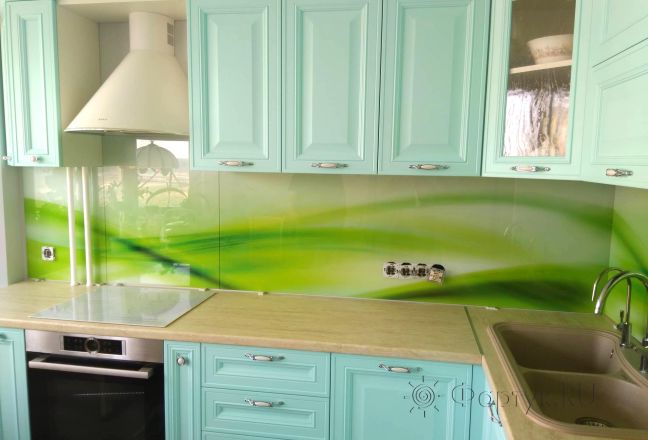 Скинали для кухни фото: зеленая абстрактная волна, заказ #ИНУТ-1332, Зеленая кухня. Изображение 110430