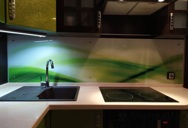 Скинали для кухни фото: зеленая абстрактная волна, заказ #ИНУТ-5317, Зеленая кухня. Изображение 110430