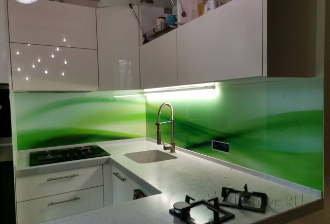 Фартук для кухни фото: зеленая абстрактная волна, заказ #ИНУТ-10305, Белая кухня. Изображение 110430