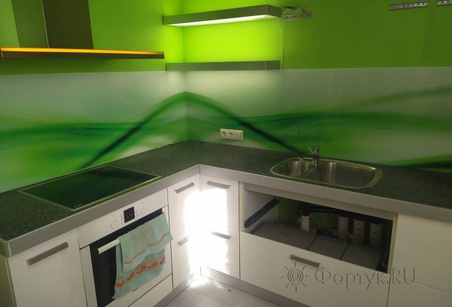 Фартук для кухни фото: зеленая абстрактная волна, заказ #ИНУТ-14801, Белая кухня. Изображение 110430