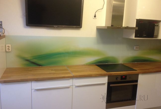 Фартук для кухни фото: зеленая абстрактная волна. , заказ #УТ-1388, Белая кухня. Изображение 110430