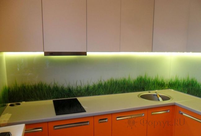 Фартук стекло фото: зеленая молодая трава, заказ #S-601, Оранжевая кухня.