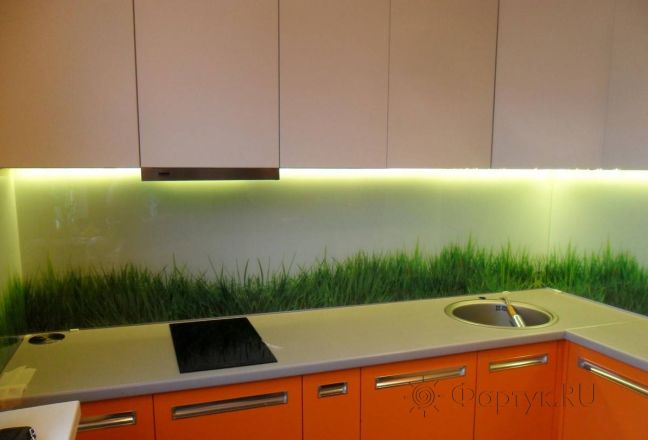 Фартук стекло фото: зеленая молодая трава, заказ #S-601, Оранжевая кухня. Изображение 111432