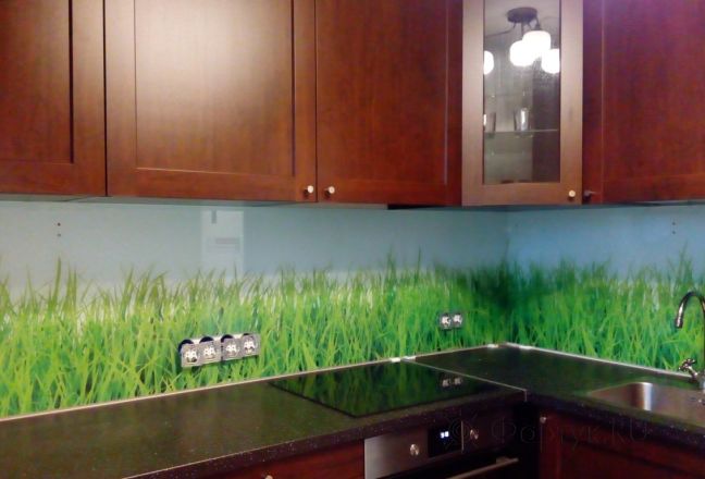 Фартук с фотопечатью фото: зеленая трава, заказ #УТ-1635, Коричневая кухня. Изображение 111432