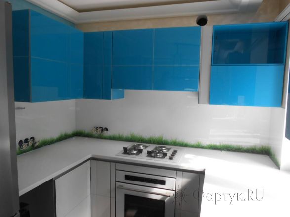 Стеклянная фото панель: зеленая трава., заказ #S-508, Синяя кухня.