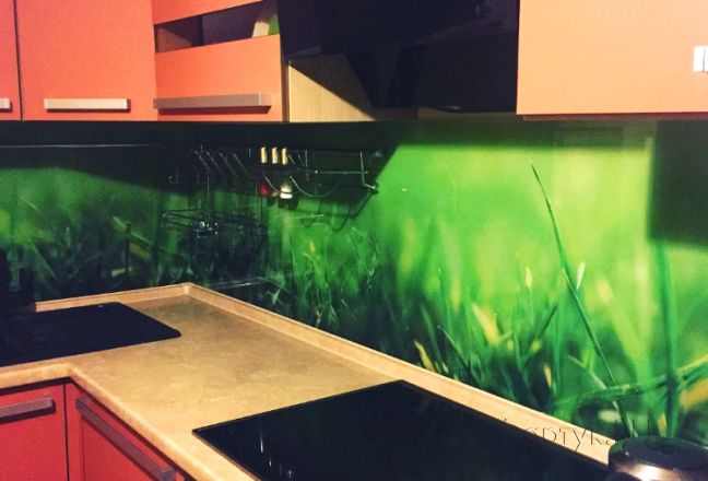 Фартук стекло фото: зеленая трава, заказ #УТ-845, Оранжевая кухня. Изображение 111452