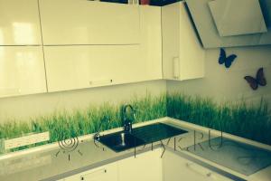 Фартук для кухни фото: зеленая трава и бабочки., заказ #S-332, Белая кухня.