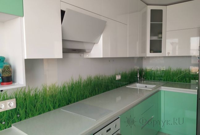 Скинали для кухни фото: зеленая трава на белом фоне, заказ #ИНУТ-11030, Зеленая кухня.
