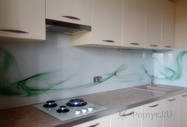 Фартук для кухни фото: зеленая волна на белом фоне, заказ #ИНУТ-1193, Белая кухня.