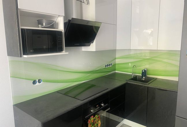 Стеновая панель фото: зеленые абстрактные волны, заказ #КРУТ-3381, Серая кухня. Изображение 334836