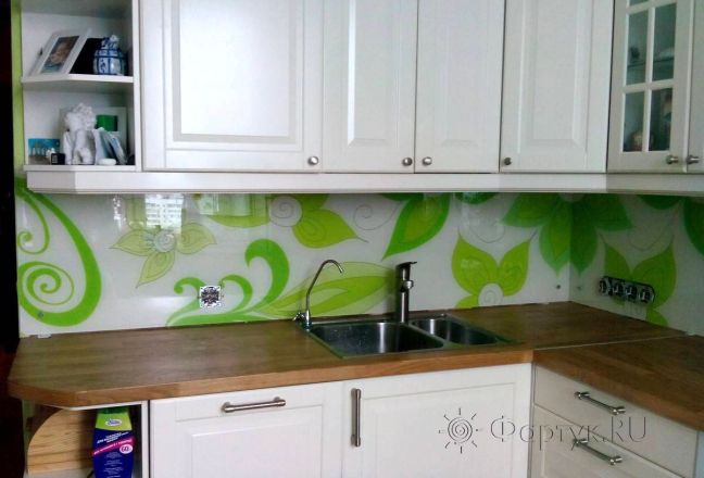 Фартук для кухни фото: зеленый растительный узор, заказ #SK-1216, Белая кухня.