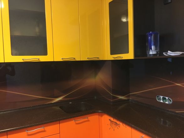 Фартук стекло фото: желто-коричневые волны, заказ #КРУТ-568, Оранжевая кухня.