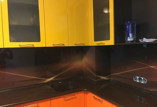 Фартук стекло фото: желто-коричневые волны, заказ #КРУТ-568, Оранжевая кухня. Изображение 110762