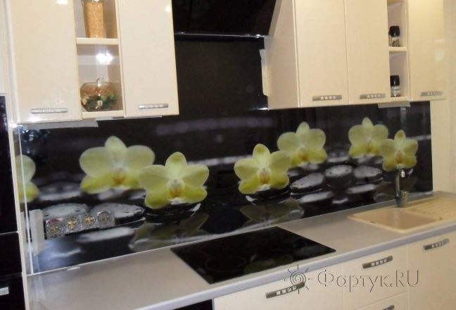 Фартук для кухни фото: желтые орхидеи, заказ #S-1414, Белая кухня. Изображение 111318
