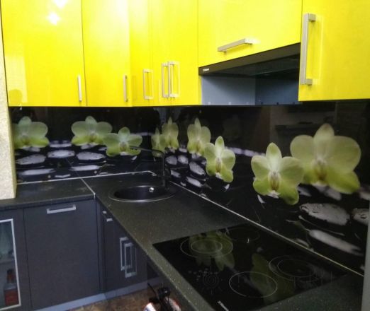 Скинали для кухни фото: желтые орхидеи, заказ #ИНУТ-3896, Желтая кухня.